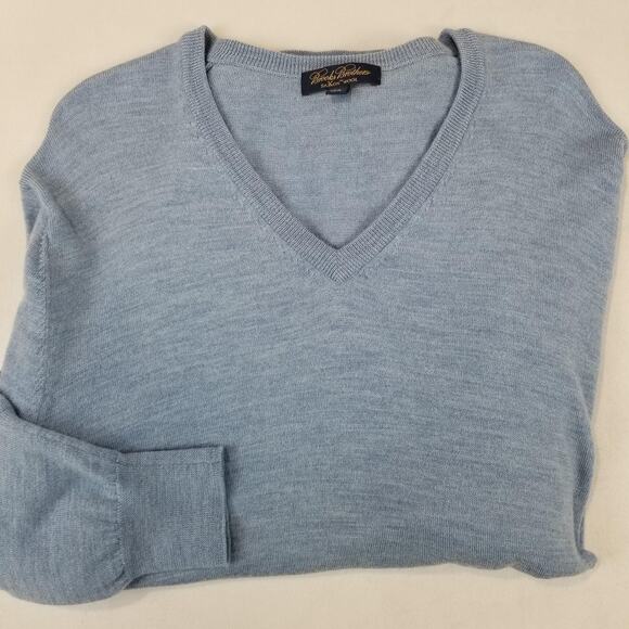 Brooks Brothers Sweater Mens XL Blue Saxxon Wool V Neck Pullover Lightweight - Picture 3 of 12